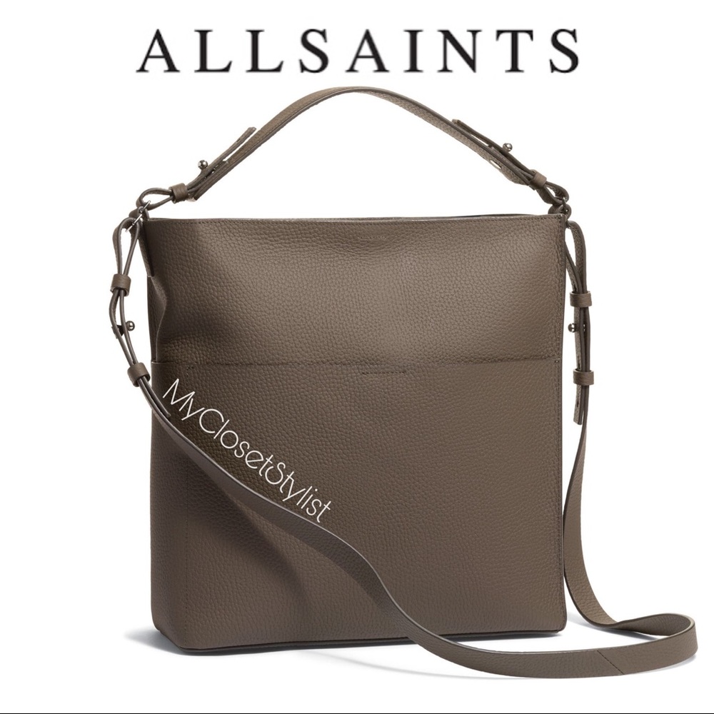 ALLSAINTS NWT Pebbled Leather Shoulder Zip Tote Bag Crossbody Strap Messenger L